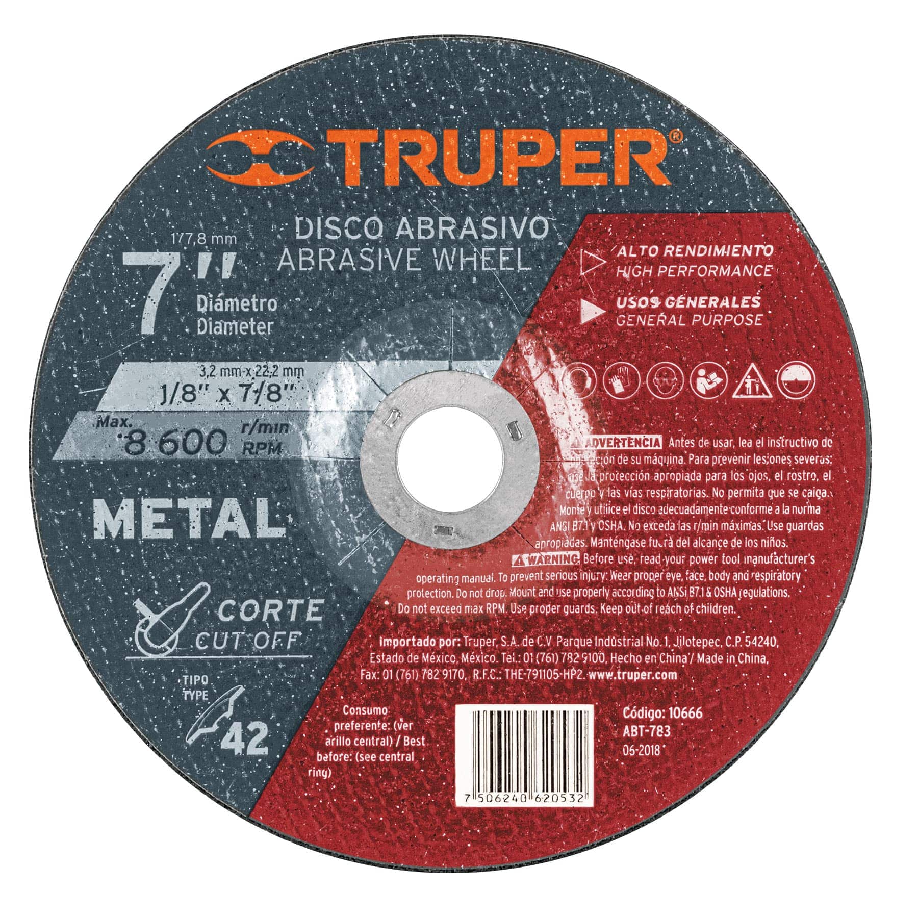 Disco Para Corte De Metal De 7″, 3.2 Mm, 8.500 Rpm Truper (ABT-783)
