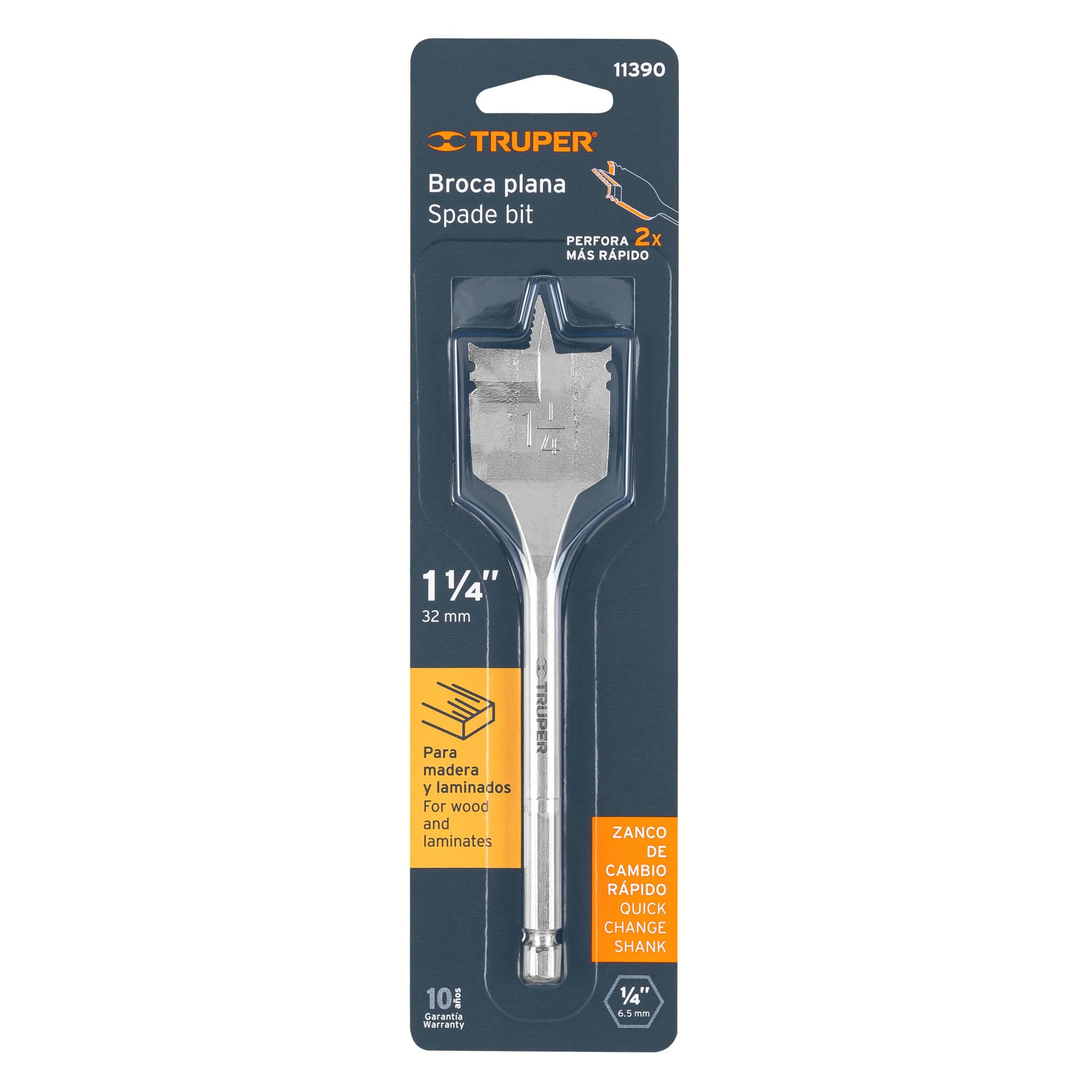 Broca Espada Para Madera De 1.1/4″, Zanco Hexagonal 1/4″ Truper (BPT-1-1/4)