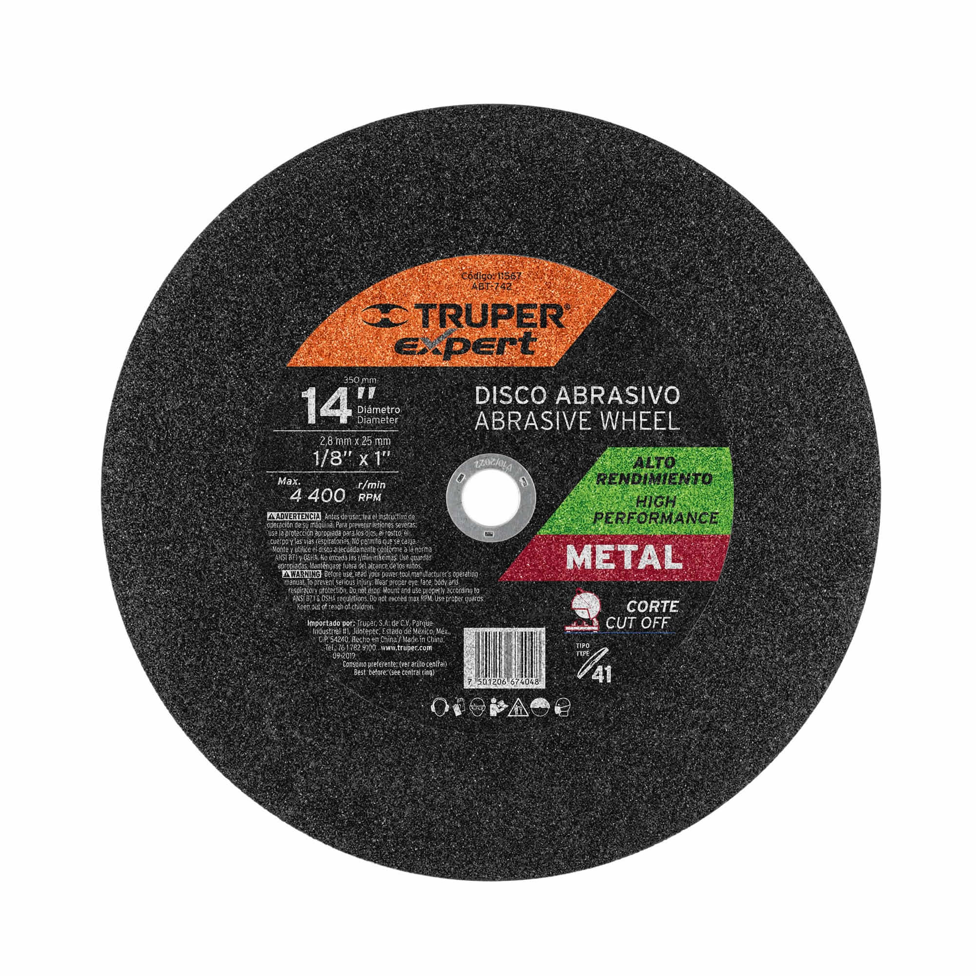Disco Corte De Metal De 14″ En Tronzadora, Alto Rendimiento Truper (ABT-742)