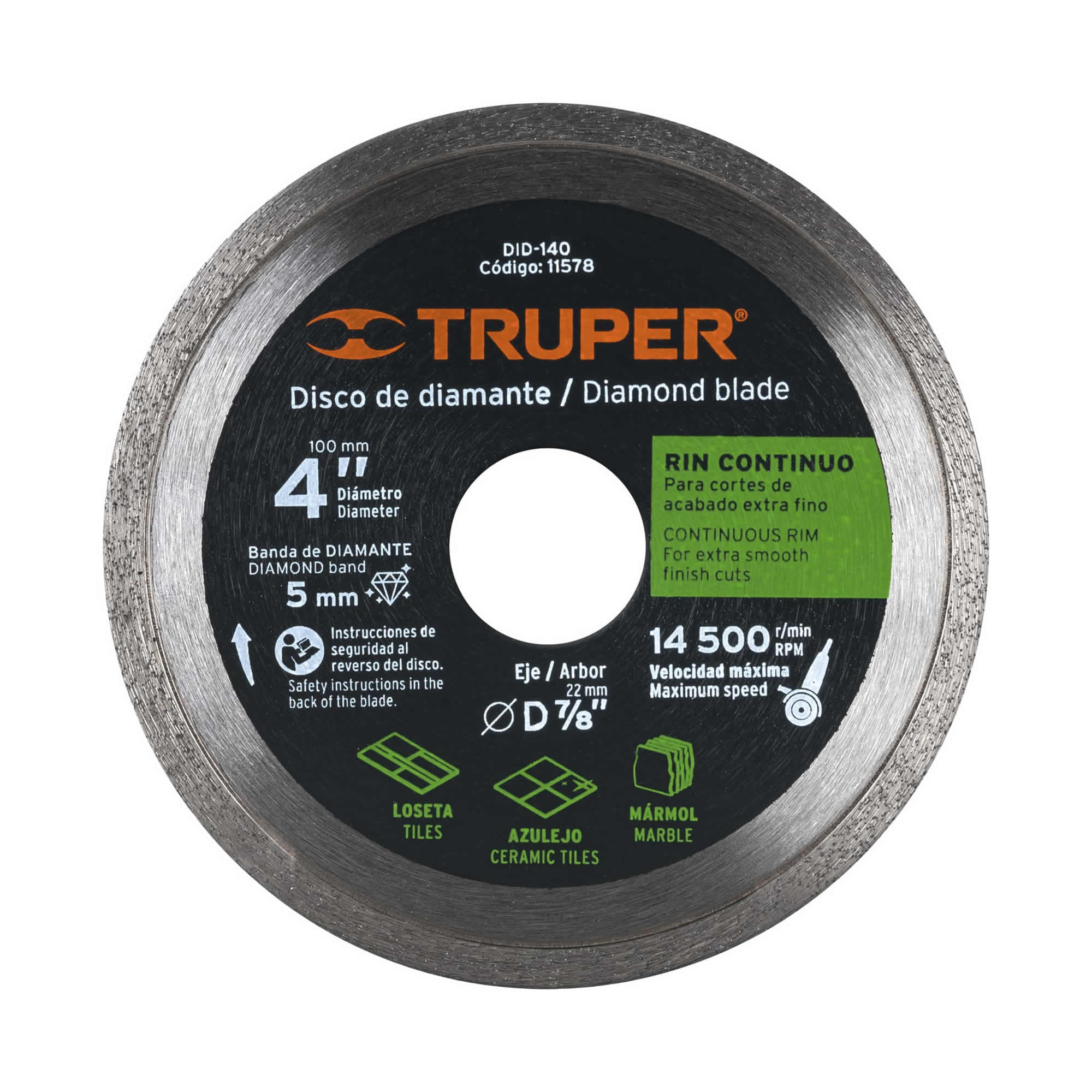 Disco De Diamante Rin Continuo De 4″, Centro 7/8″ Truper (DDT-802C)