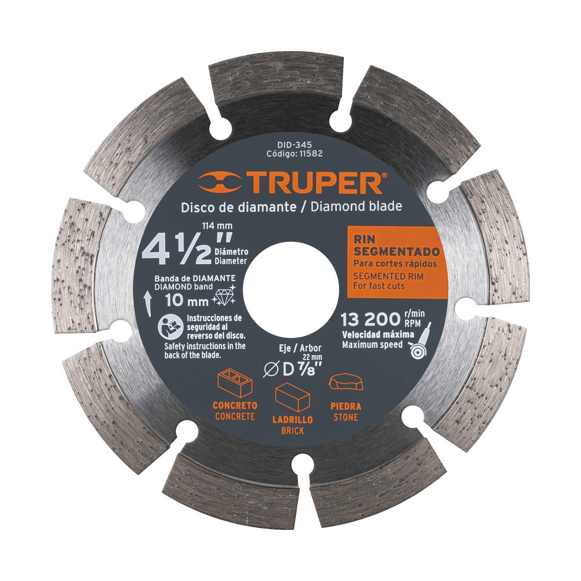 Disco De Diamante Rin Segmentado De 4.1/2″, Centro 7/8″ Truper (DDT-829D)