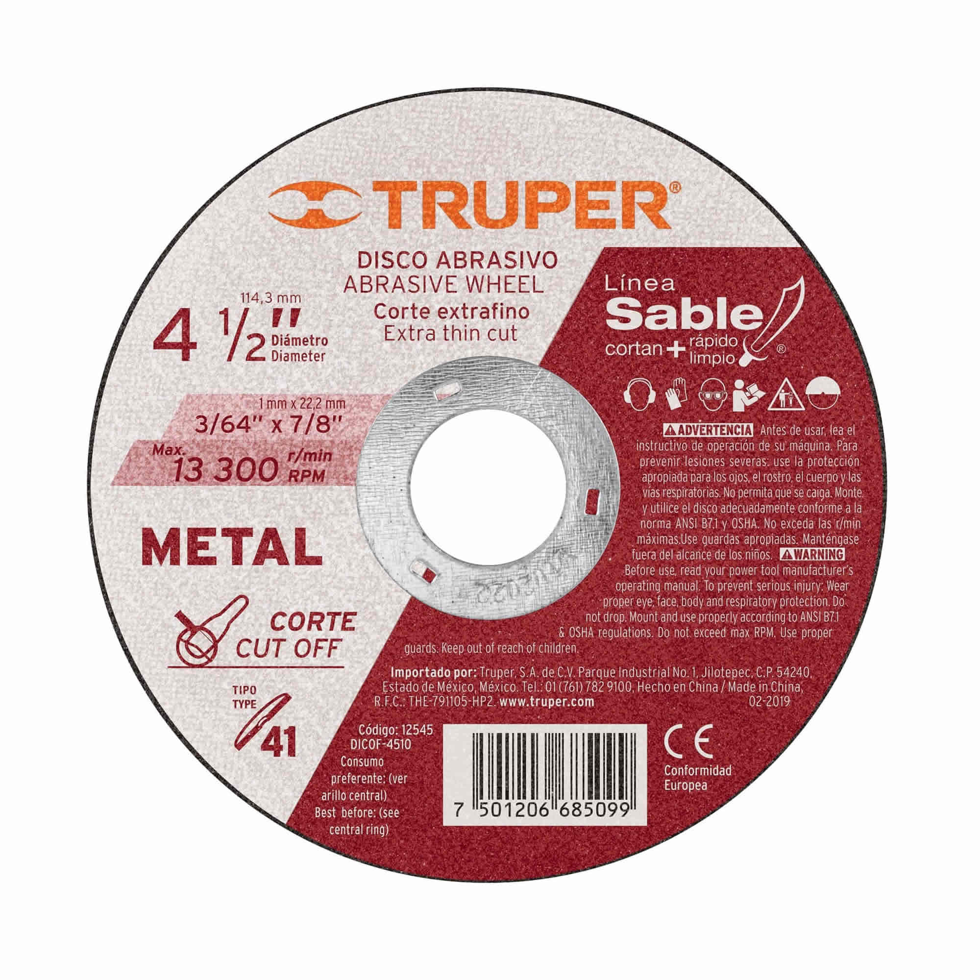 Disco Corte Extrafino De Metal De 4.1/2″, Alto Rendimiento Truper (DICOF-4510)