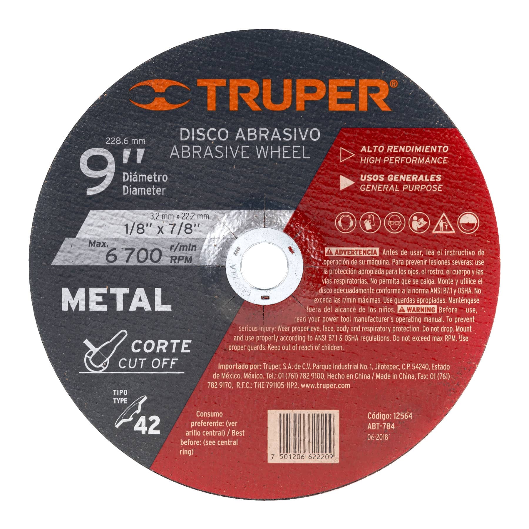 Disco Para Corte De Metal De 9″, 3.2 Mm, 6.650 Rpm Truper (ABT-784)