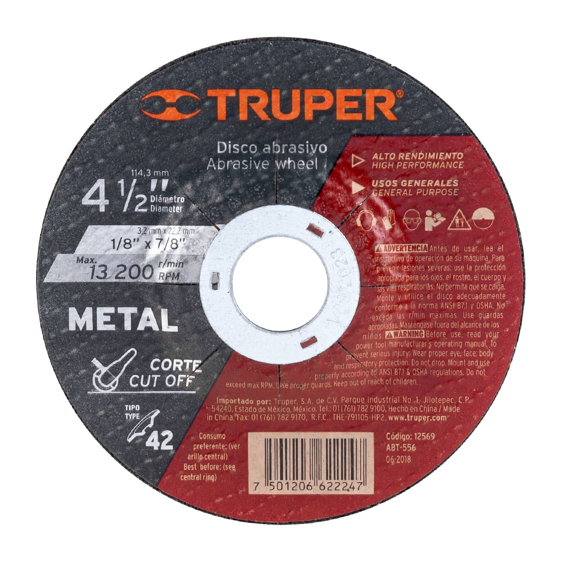 Disco Para Corte De Metal De 4.1/2″, 3.2 Mm, 13.200 Rpm Truper (ABT-556)