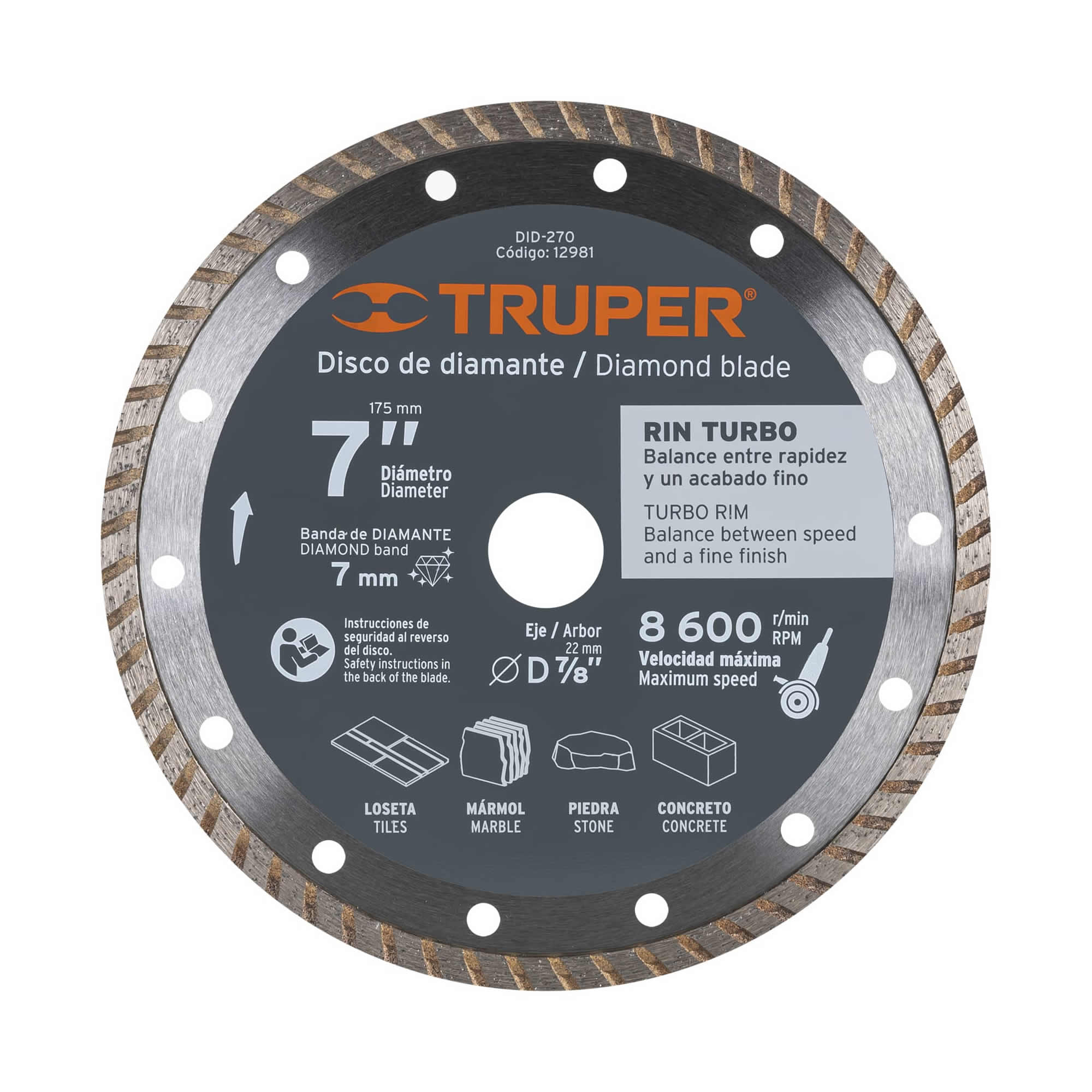 Disco De Diamante Rin Turbo De 7″, Centro 7/8″ Truper (DDT-1527T)