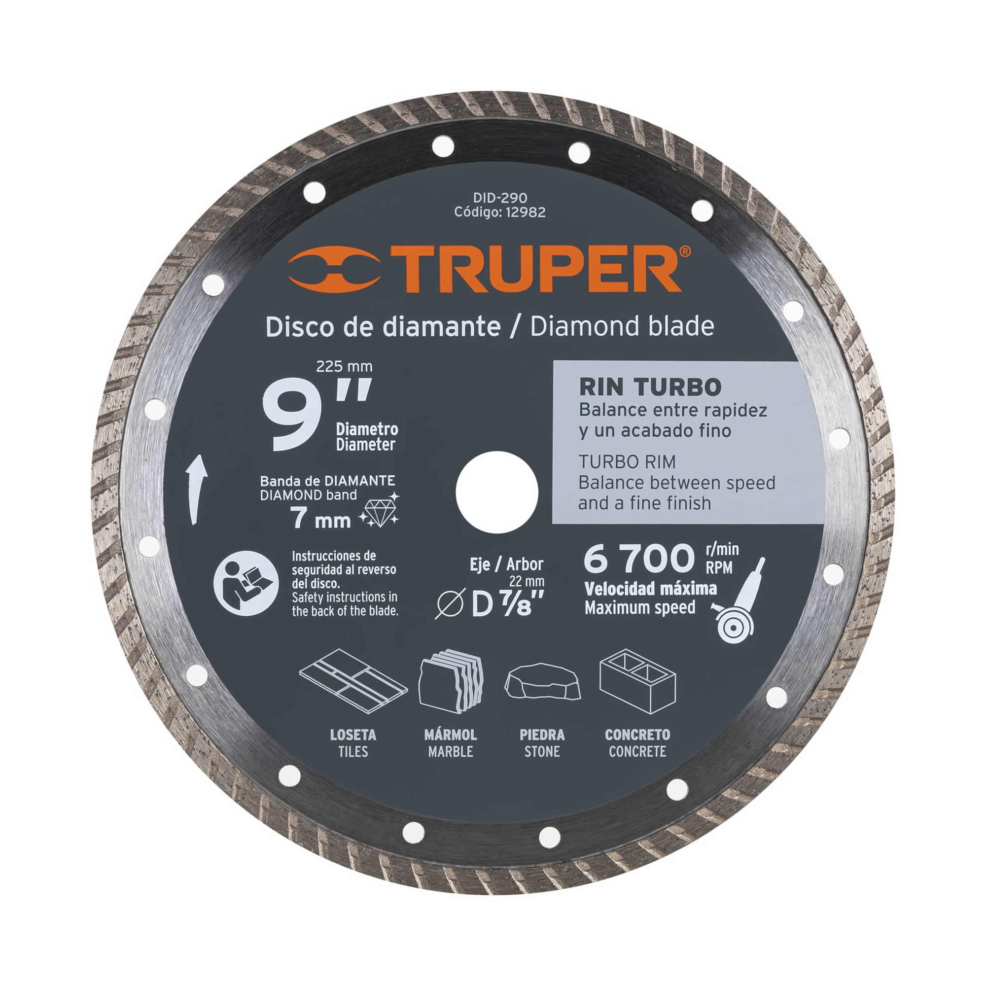 Disco De Diamante Rin Turbo De 9″, Centro 7/8″ Truper (DDT-1542T)