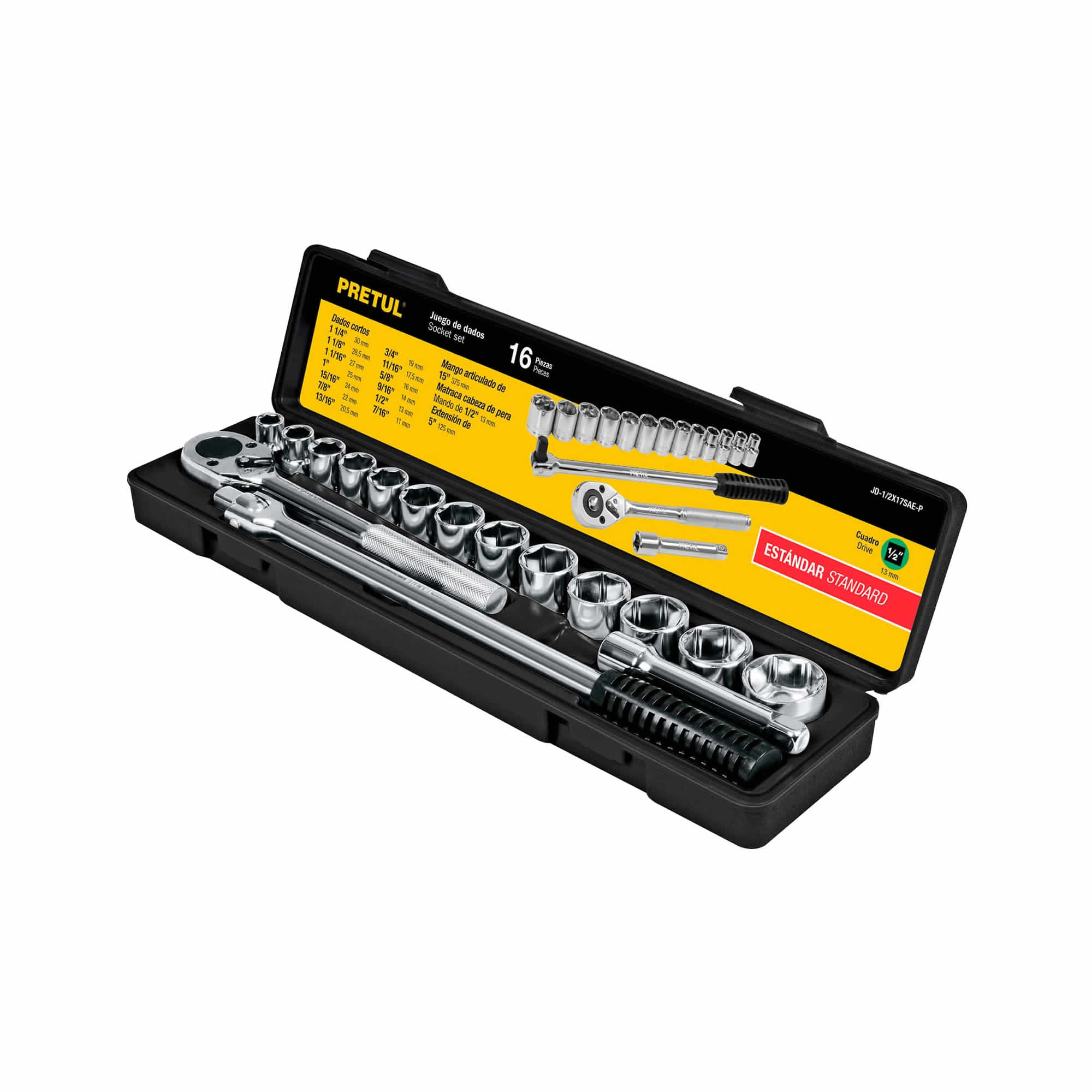 Juego De Copas En Pulgadas Con 16 Piezas, Cuadrante De 1/2″ Pretul (JD-1/2X17SAE-P)