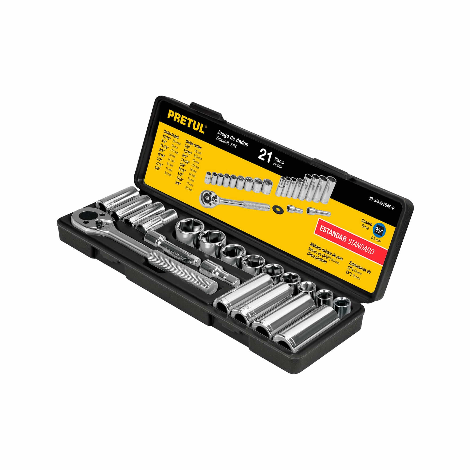 Juego De Copas En Pulgadas Con 21 Piezas, Cuadrante De 3/8″ Pretul (JD-3/8X21SAE-P)
