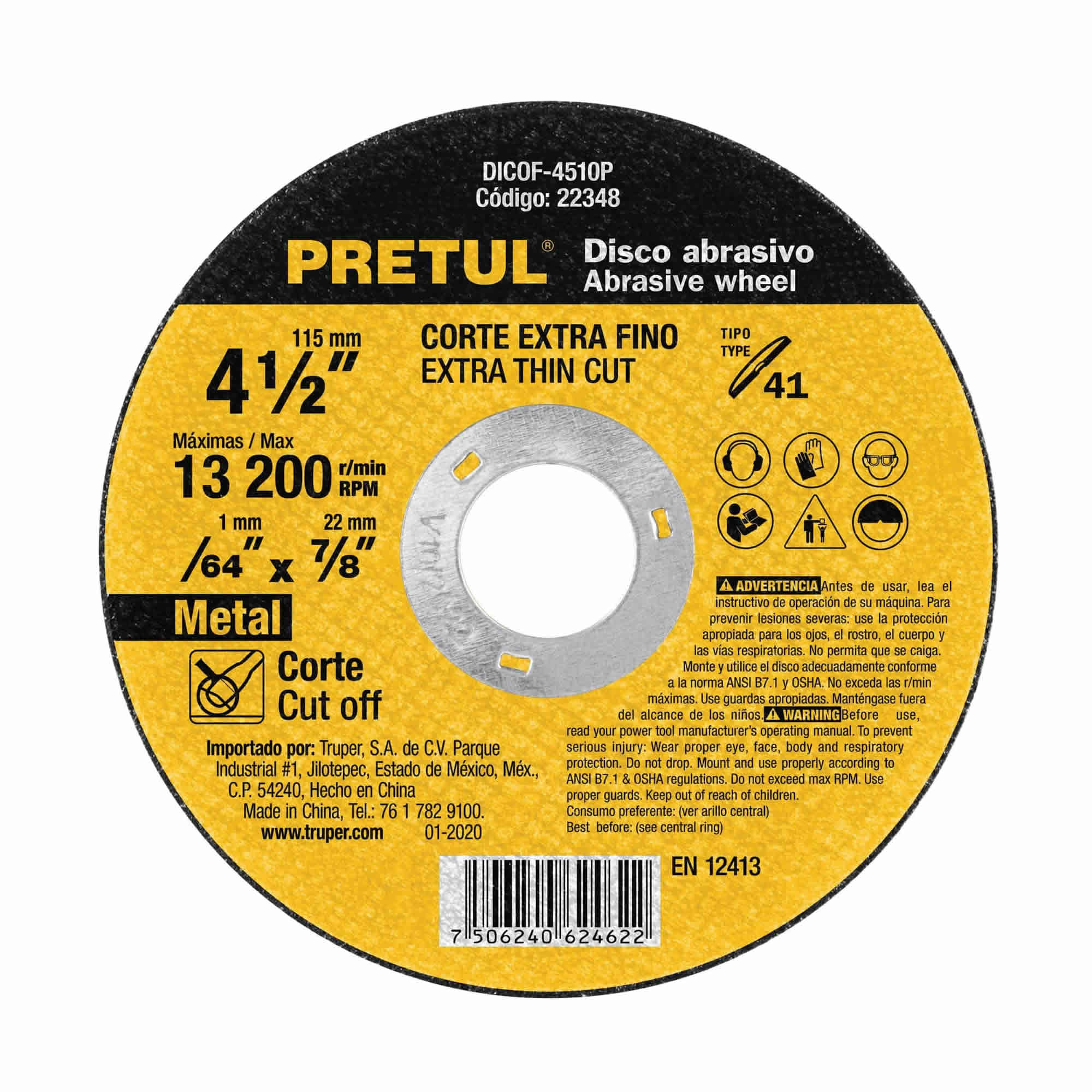 Disco Corte Extrafino De Metal De 4.1/2″, Uso General Pretul (DICOF-4510P)