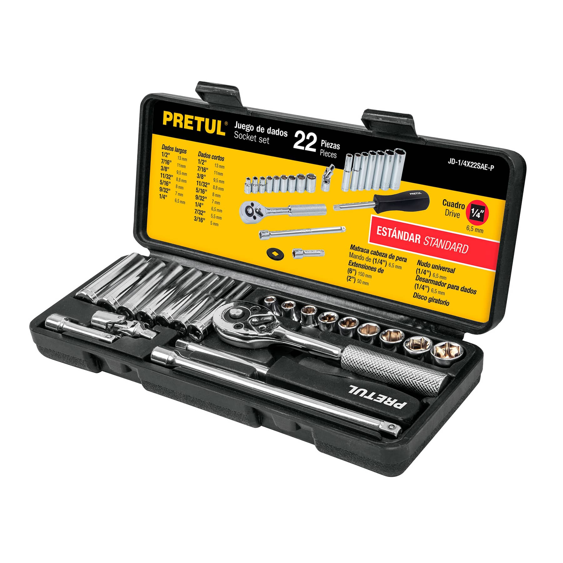 Juego De Copas En Pulgadas Con 22 Piezas, Cuadrante De 1/4″ Pretul (JD-1/4X22SAE-P)