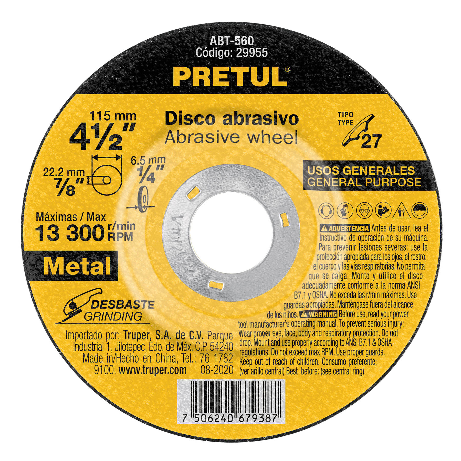 29955.jpg Disco Para Desbaste De Metal De 4.1/2″, 6.2 Mm, 13.200 Rpm Pretul (ABT-560) - Imagen 1